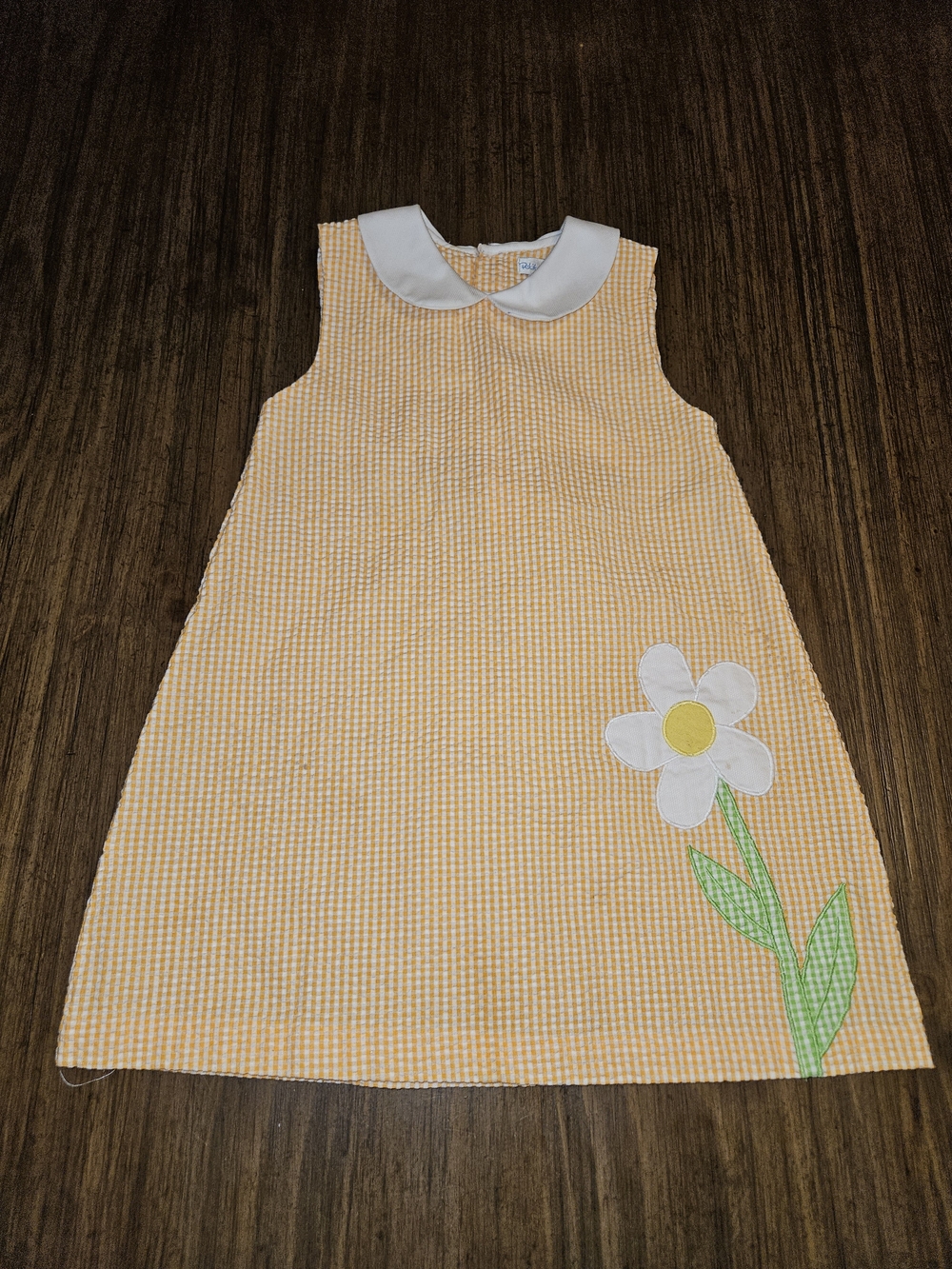 Girls Yellow Gingham Dress with Peter Pan Collar and Daisy Appliqué